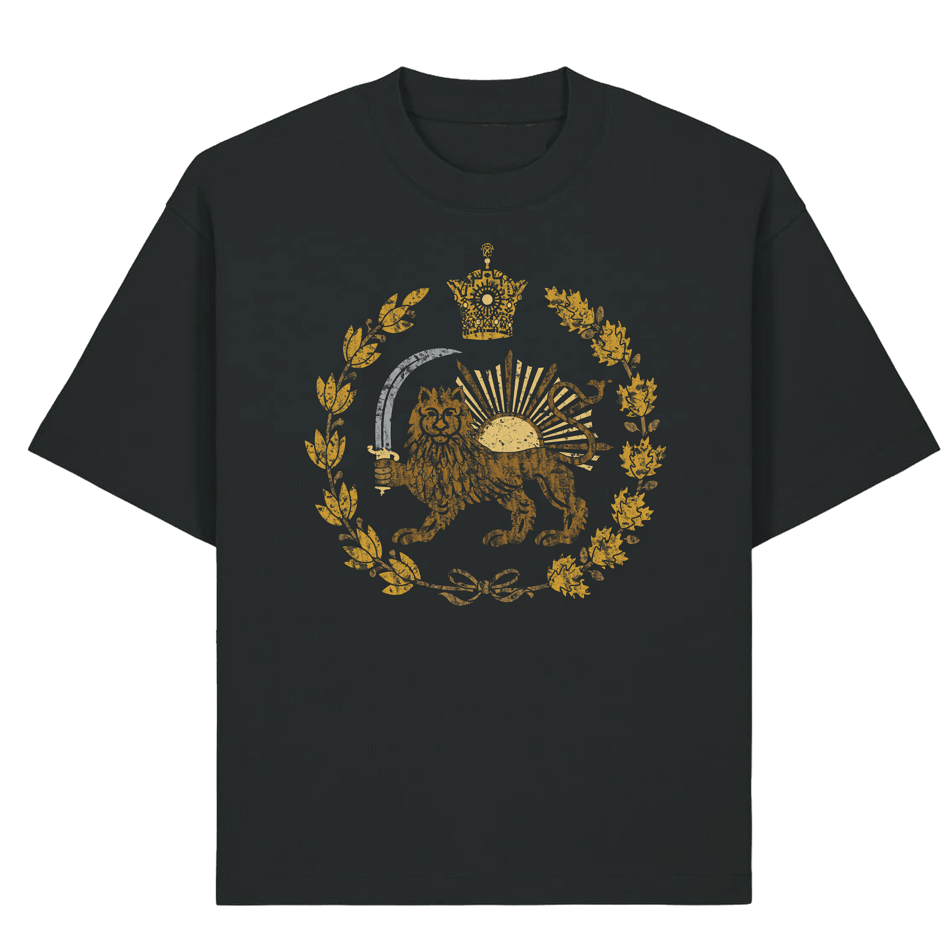 Black t-shirt with gold lion emblem design on a white background